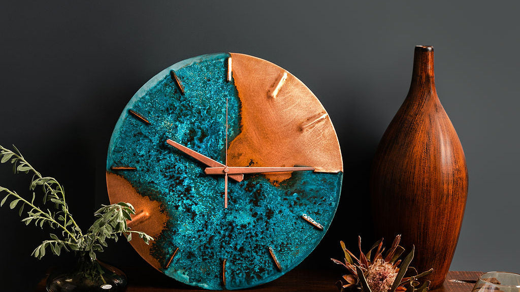 A Blue Patina Copper "Half Time" Clock made by Empire Copper