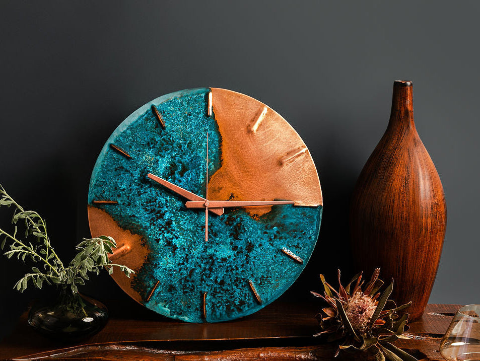 A Blue Patina Copper "Half Time" Clock made by Empire Copper