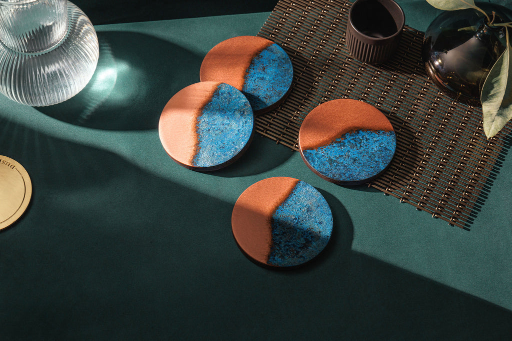 Blue Patina Copper Half Time Coasters Empire Copper Landscape Websize
